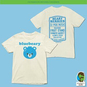 Bluebeary Blueberry Bear Fruit Stand Garment Dyed Front Back Print T-Shirt IVORY